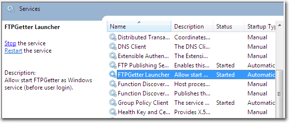 Se você precisar executar o FTPGetter como serviço do Windows, instale o FTPGetter Launcher. Gerenciar o lançador do FTPGetter no MMC