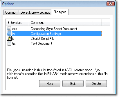 O modo de transferência ASCII é usado ao executar tarefas de perfil para os tipos de arquivo especificados na lista. Você pode adicionar, editar ou excluir tipos de arquivos da lista usando os botões correspondentes