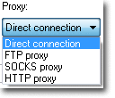 O FTPGetter suporta quatro tipos de conexão - direta, por meio de ftp, SOCKS ou proxy HTTP