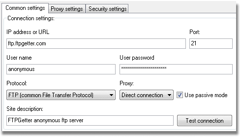 Configurações de conexão do servidor FTP: endereço ou URL do servidor FTP, configurações dos protocolos FTP ou FTP sobre SSL, nome de usuário e senha, conexão direta ou por meio de proxy