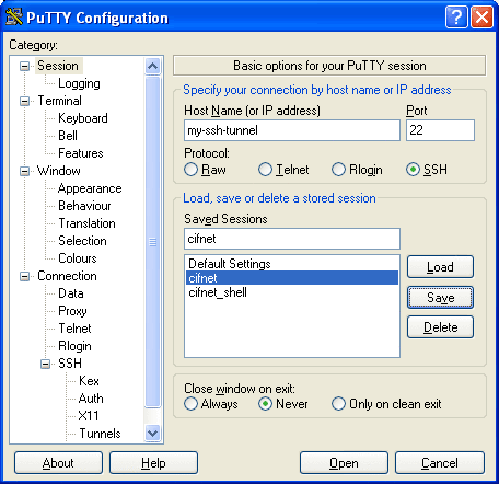 Use o PuTTY para criar uma sessão ssh para conectar conexões ftp em túnel