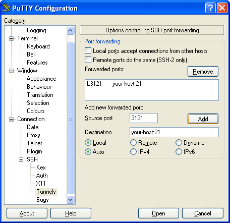 Configurações de encaminhamento de porta local SSH